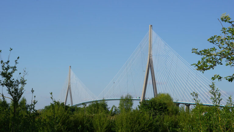 die Normandiebrücke mit den zwei A-förmiger Pfeiler und den Stahlseilen