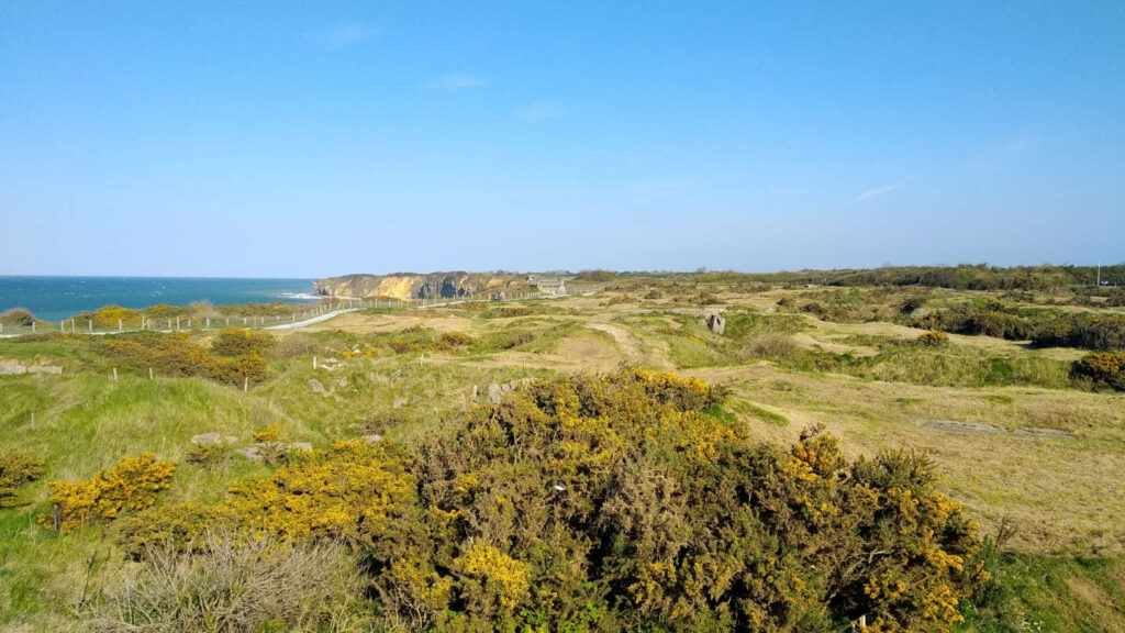 Küstenlandschaft mit gelb blühenden Ginsterbüschen und zahlreichen Bombenkratern