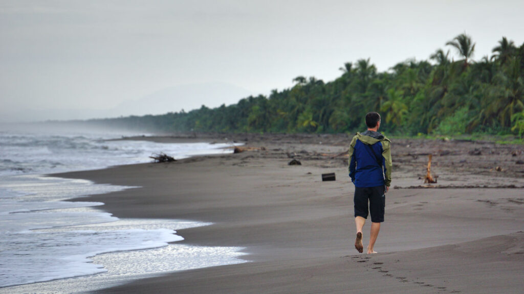 ein Mann spaziert gemütlich an einem tropischen Strand bei frühmorgendlicher Stimmung, Tortuguero