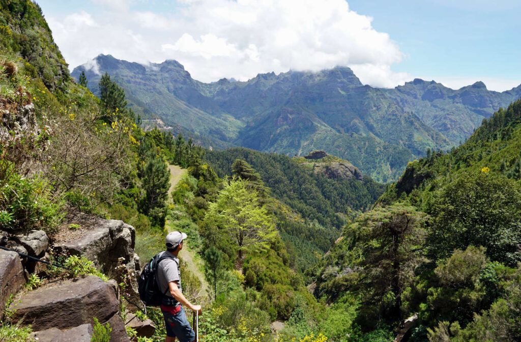 Mann genießt Ausblick auf die sonnige Berglandschaft, Levada das Rabacas, Madeira