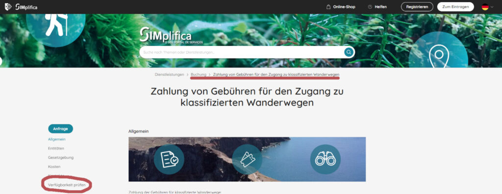 Screenshot der Startseite für die Registrierung & Bezahlung der Wandergebühren auf der SIMplifica-Homepage