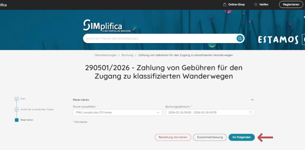 Screenshot der Seite zur Überprüfungsseite für die Registrierung & Bezahlung der Wandergebühren auf der SIMplifica-Homepage