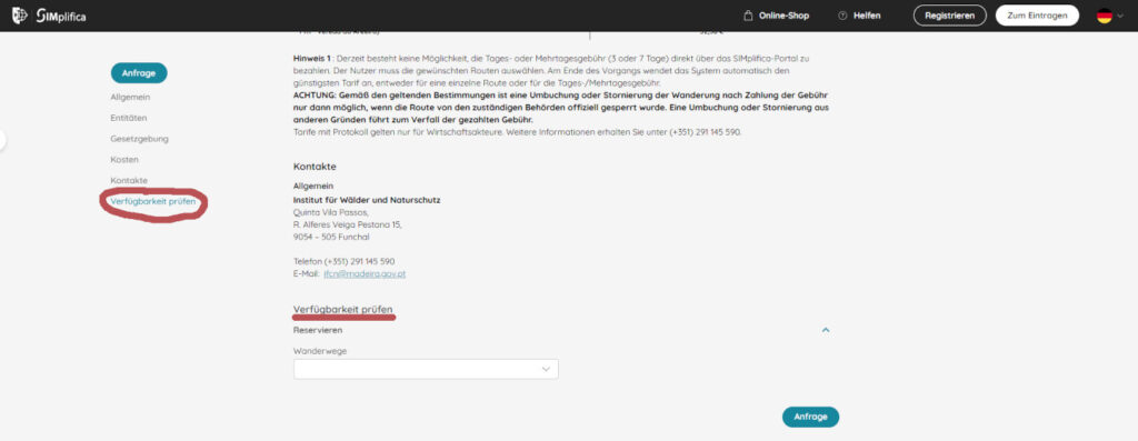 Screenshot des Abschnittes "Verfügbarkeit prüfen" für die Registrierung & Bezahlung der Wandergebühren auf der SIMplifica-Homepage