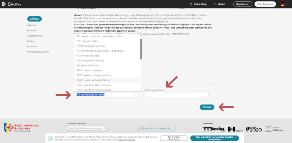 Screenshot des Abschnittes zur Auswahl eines PR-Wanderwegs und Zeitfensters für die Registrierung & Bezahlung der Wandergebühren auf der SIMplifica-Homepage
