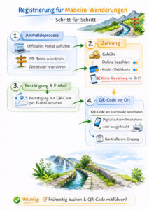Infografik zur Registrierung und Bezahlung der Wandergebühr für PR-Wanderwege auf Madeira